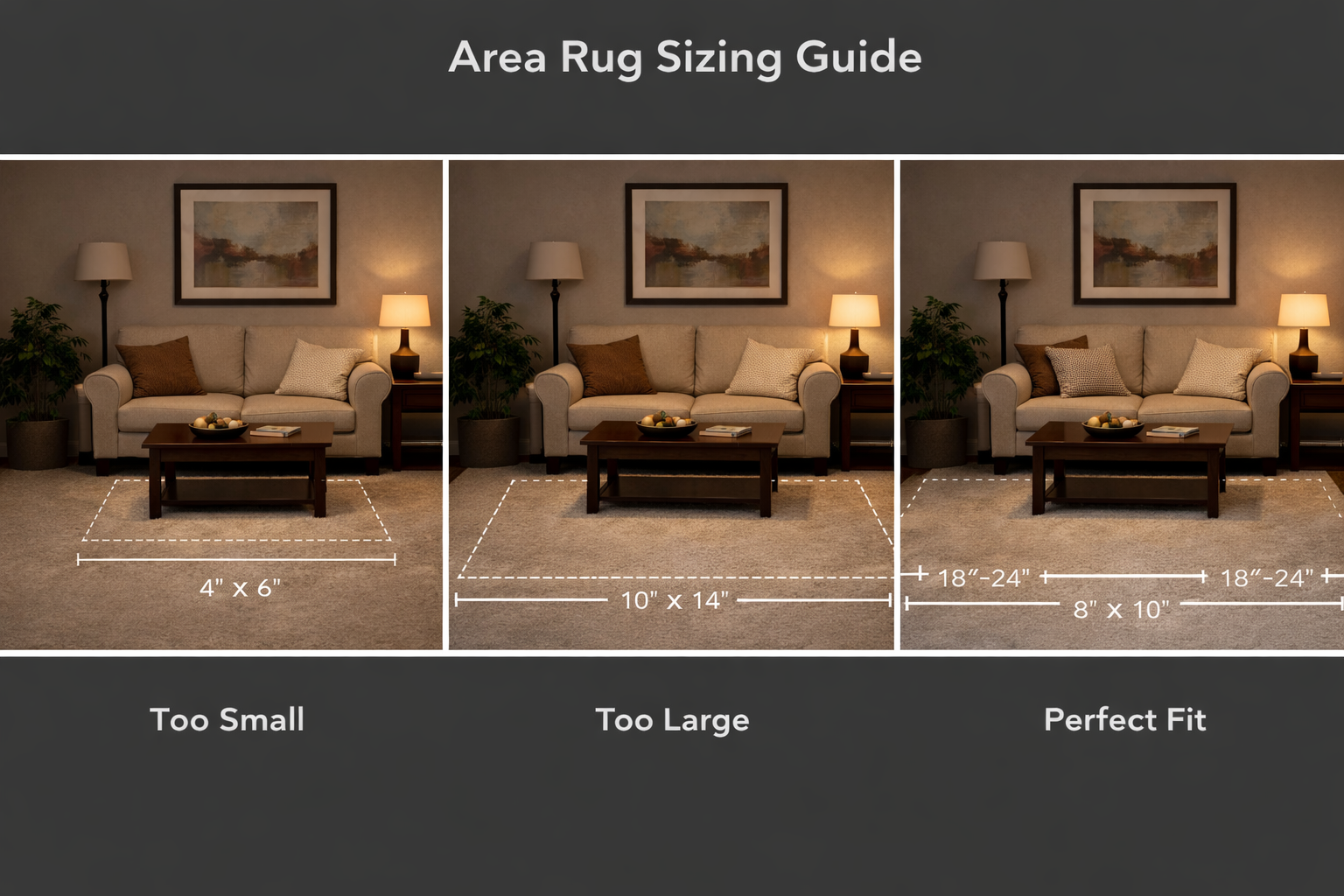 Living room area rug sizing guide showing proper dimensions for different room sizes