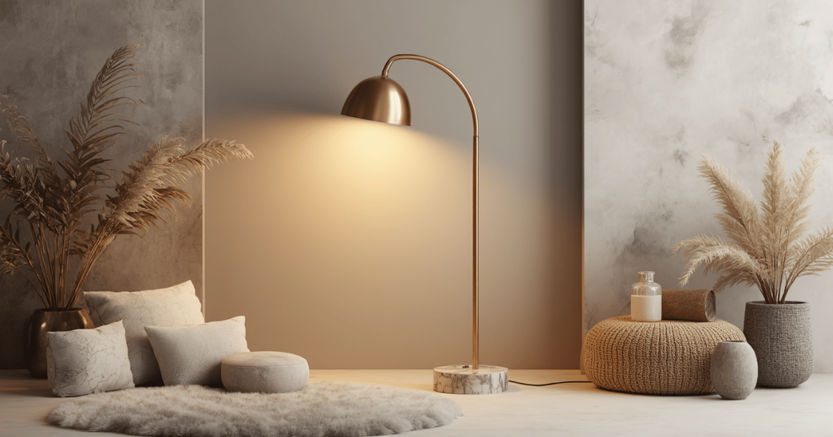 Gold brass arc floor lamp with heavy marble base casting warm pooled amber light in the corner of a cream luxury glam bedroom