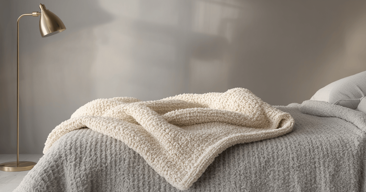 Cream chunky knit chenille throw blanket draped casually across the corner of an ivory linen bed in a luxury bedroom with warm brass lamplight behind