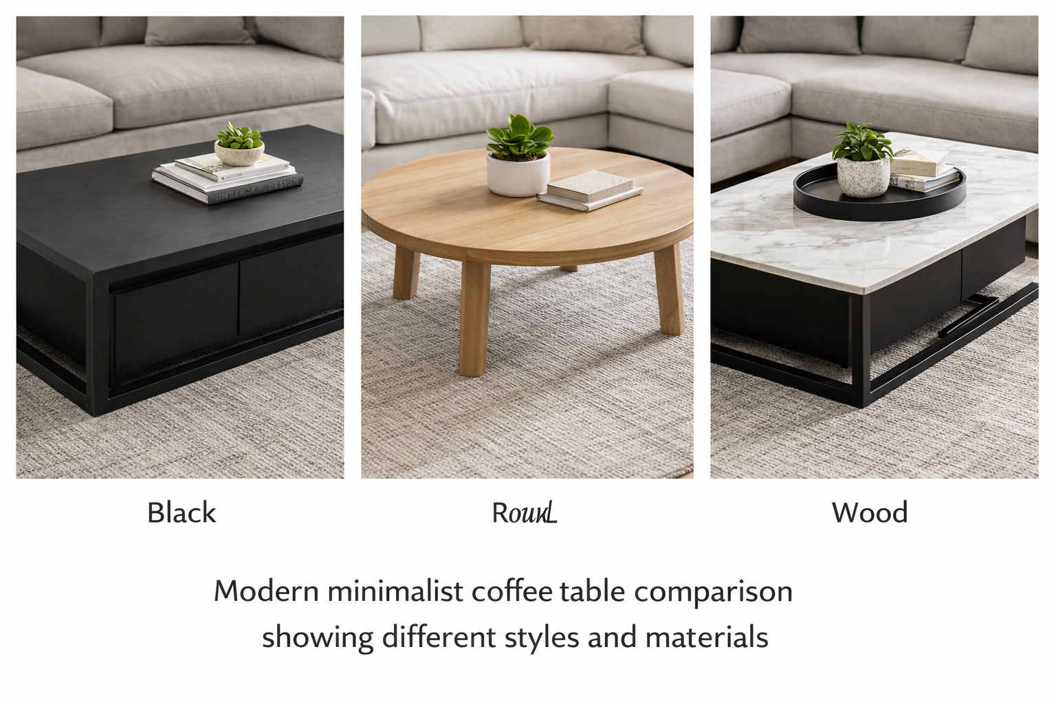 Modern minimalist coffee table comparison showing different styles and materials