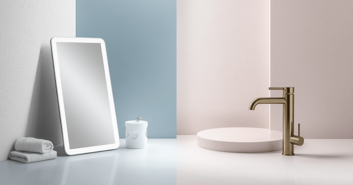 Side-by-side comparison of luxury bathroom decor products including gold faucet, Hollywood mirror, and marble tray