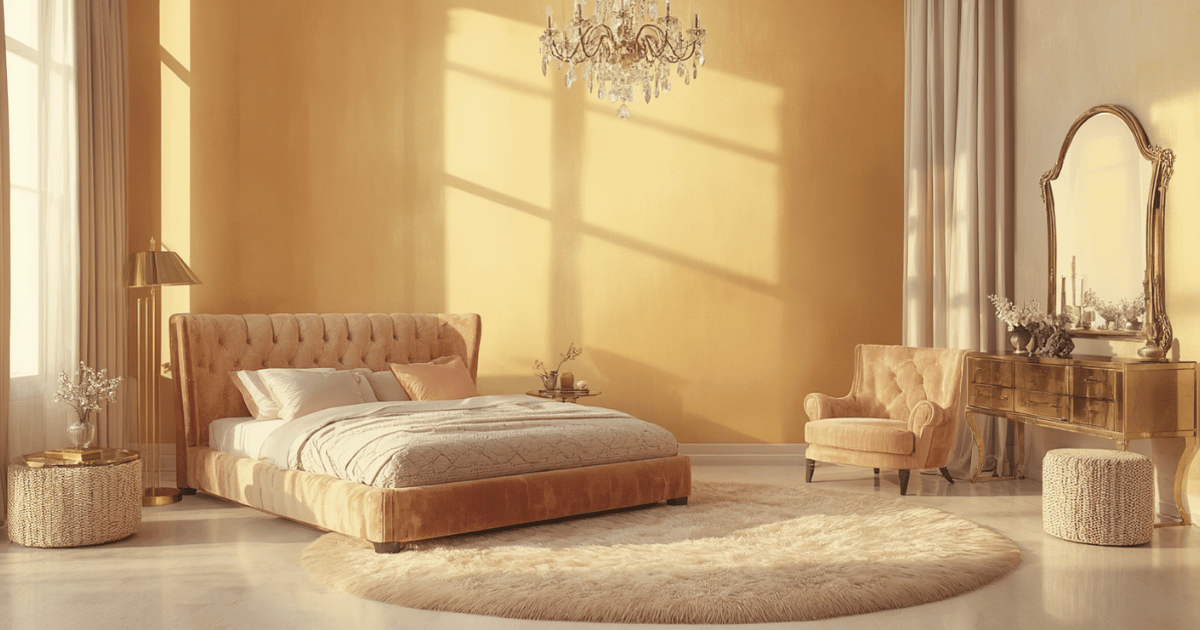 Complete luxury glam master bedroom styled with cream velvet bed brass floor lamp crystal chandelier ivory fur rug linen curtains and gold mirror at golden hour