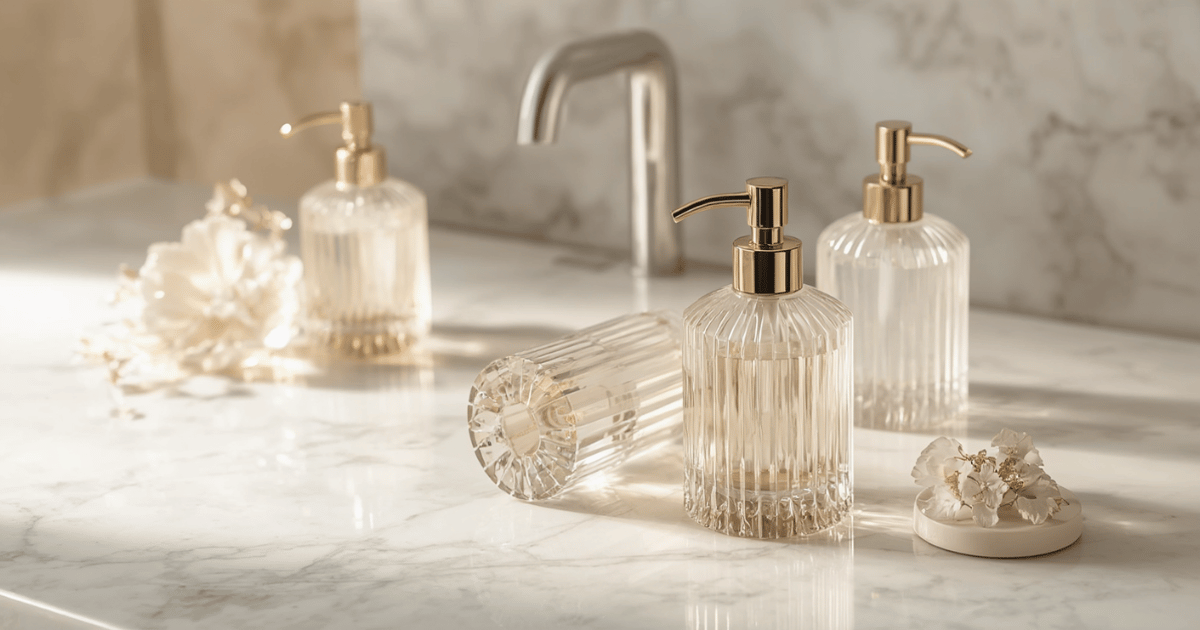 Crystal glass soap dispenser set on a marble bathroom counter with gold faucet and accessories in the background