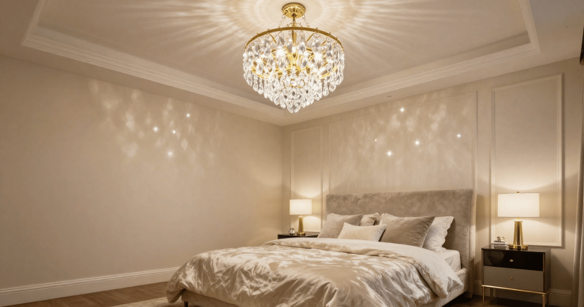 Crystal and gold ceiling chandelier in a luxury glam master bedroom casting warm faceted sparkle across cream walls velvet bedding and hardwood floors
