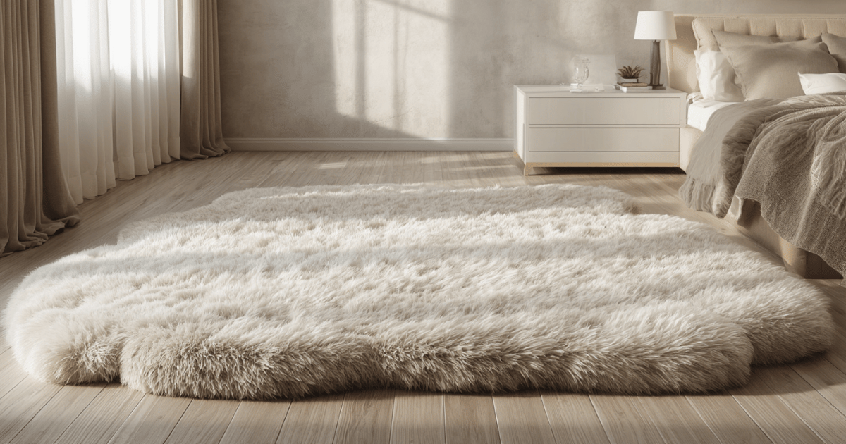 Large ivory faux fur area rug extending across luxury glam bedroom hardwood floor beneath cream velvet bed frame with early morning sunlight through linen curtains