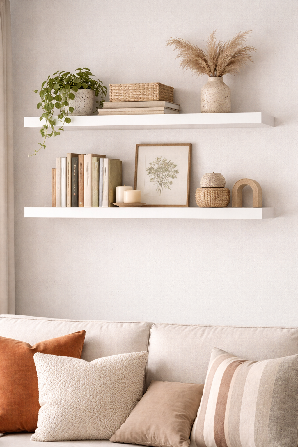 White floating shelves displaying books plants and decor in living room