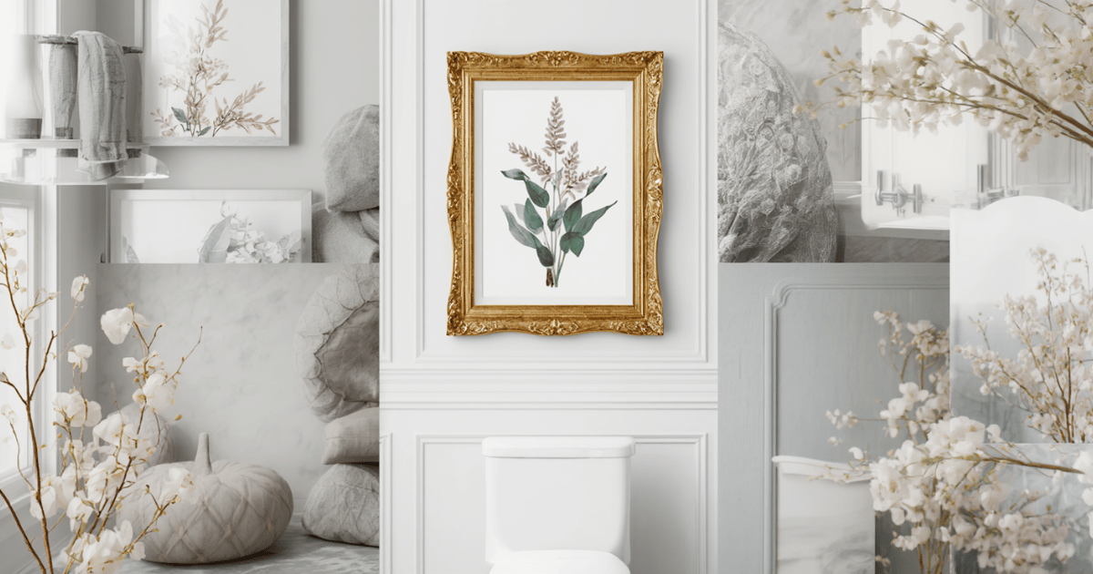 Framed gold-tone botanical wall art hung above a toilet in a luxury glam bathroom with white walls and gold accessories