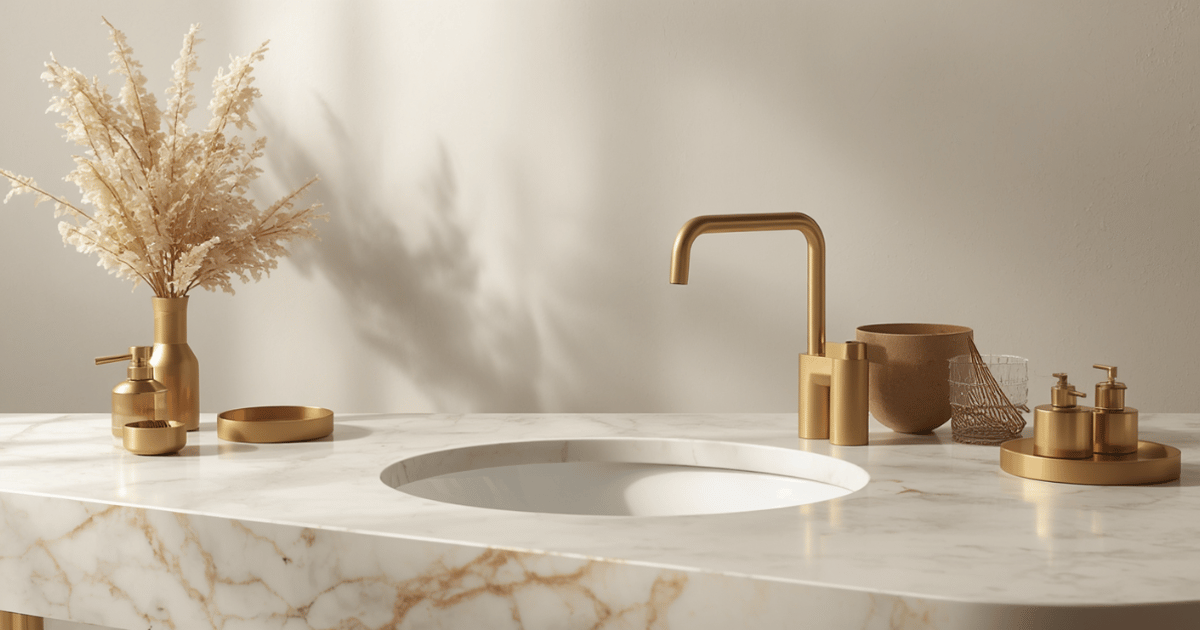 Gold brushed brass faucet on white sink with marble soap dispenser and gold accessories nearby
