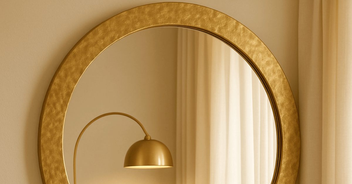 Large round hammered gold leaf decorative mirror on cream bedroom wall reflecting warm brass arc floor lamp light and ivory linen curtains