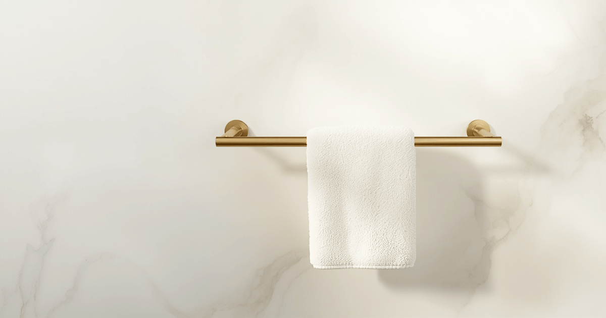 Gold towel bar and ring set on a white bathroom wall with a fluffy white towel draped elegantly