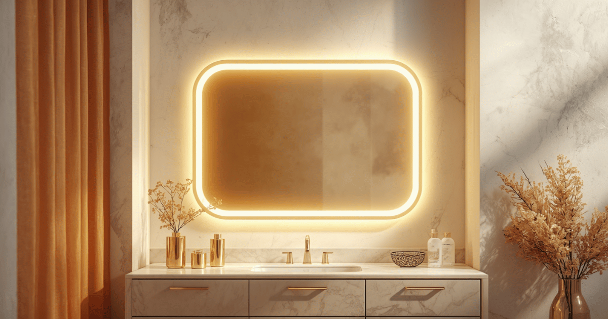 Hollywood LED vanity mirror in gold frame glowing warmly above a bathroom vanity with gold accessories