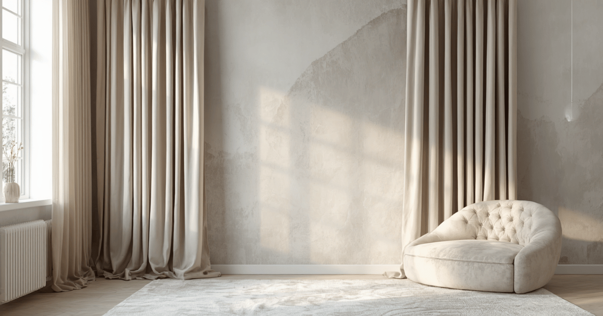Floor to ceiling ivory linen blackout curtains hung at ceiling height in a bright luxury bedroom with cream velvet headboard and natural morning light