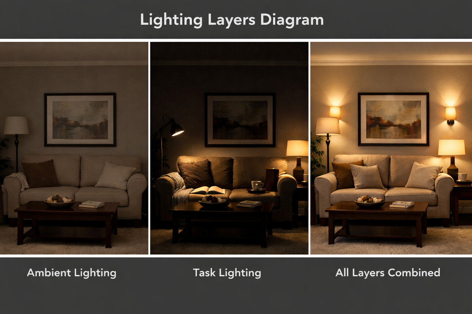 Living room lighting layers showing ambient, task, and accent lighting combinations