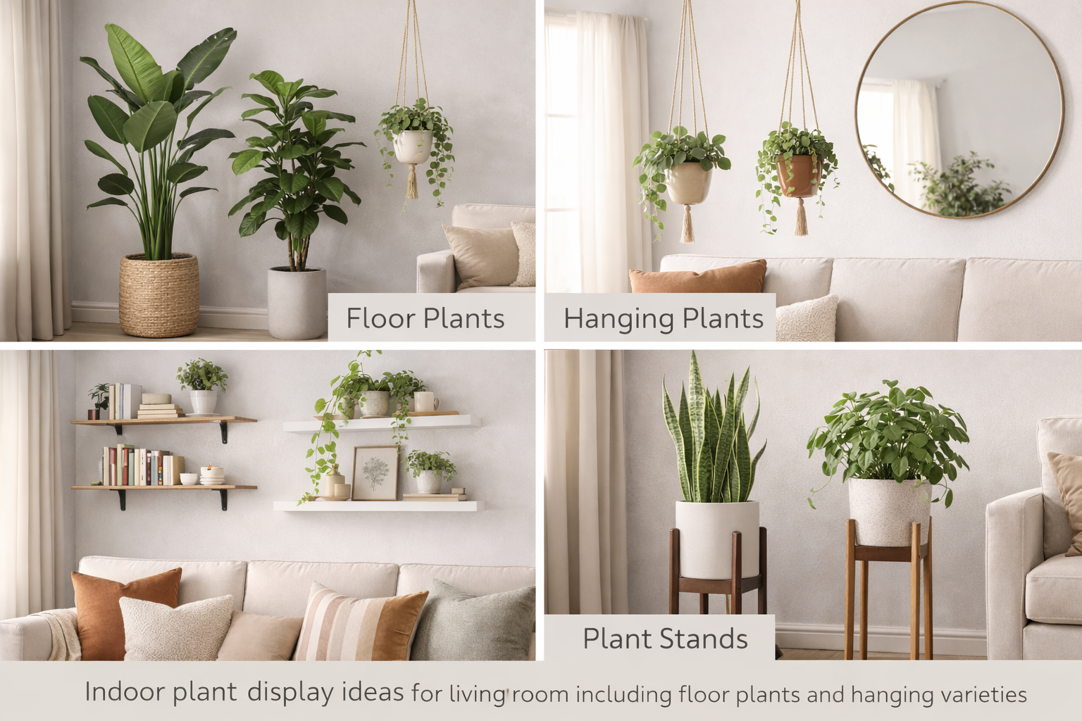 Indoor plant display ideas for living room including floor plants and hanging varieties