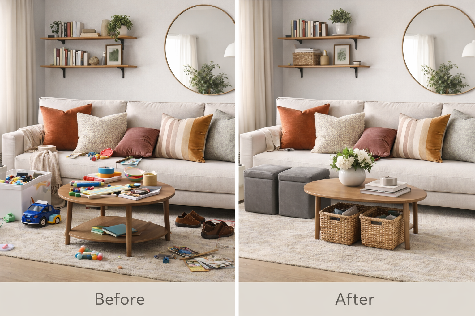 Before and after living room storage solutions showing clutter control
