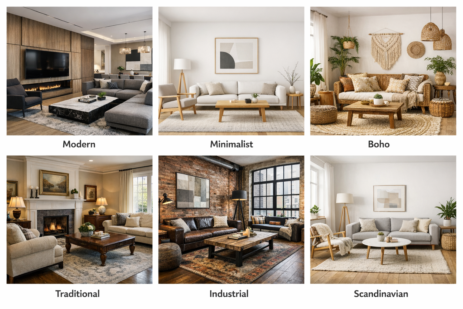 Different living room decor styles from modern to traditional