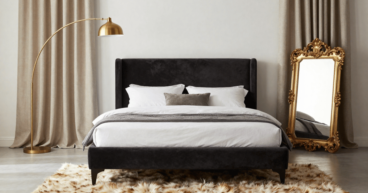 Luxury glam bedroom products 2026 featuring velvet upholstered bed brass arc lamp linen curtains fur rug and gold leaf mirror flat lay