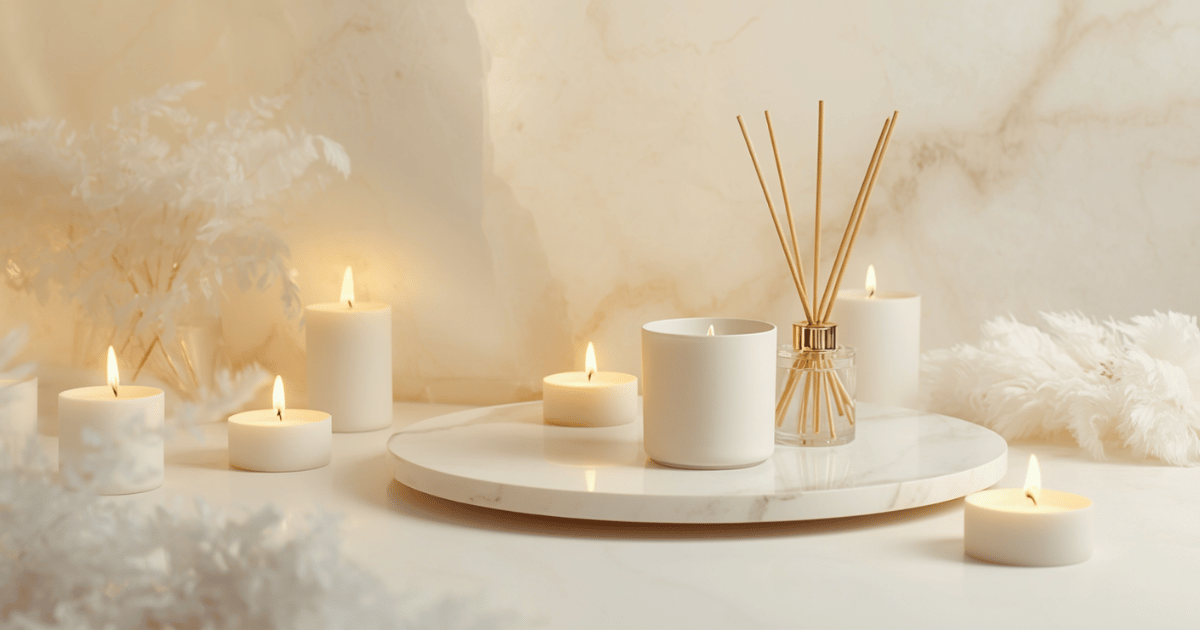 Luxury scented candle and reed diffuser set styled on a marble tray in a glam bathroom with gold accents
