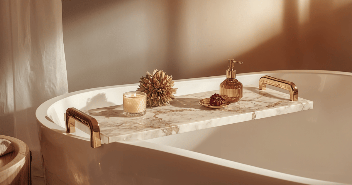 Marble and gold bath tray styled on a white bathtub with a candle, crystal soap dispenser, and small plant