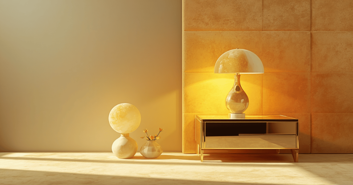 Marble base bedside table lamp with gold hardware on a luxury gold nightstand with warm amber light glowing against a cream velvet headboard