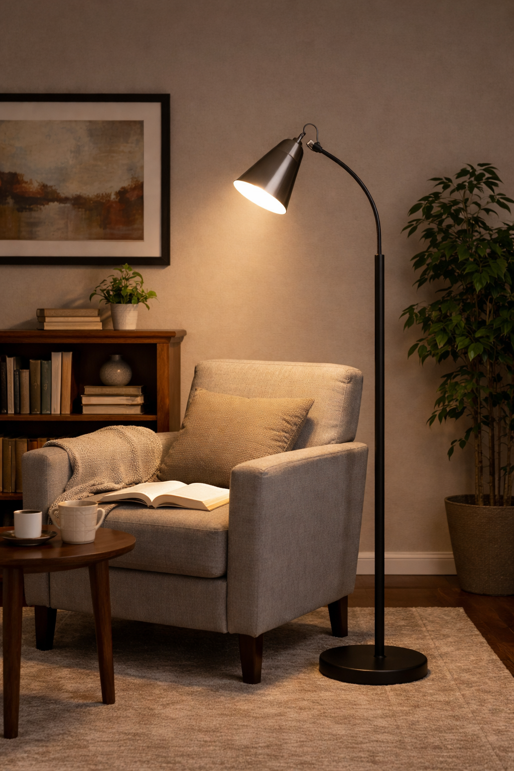 Adjustable arc floor lamp providing reading light in modern living room