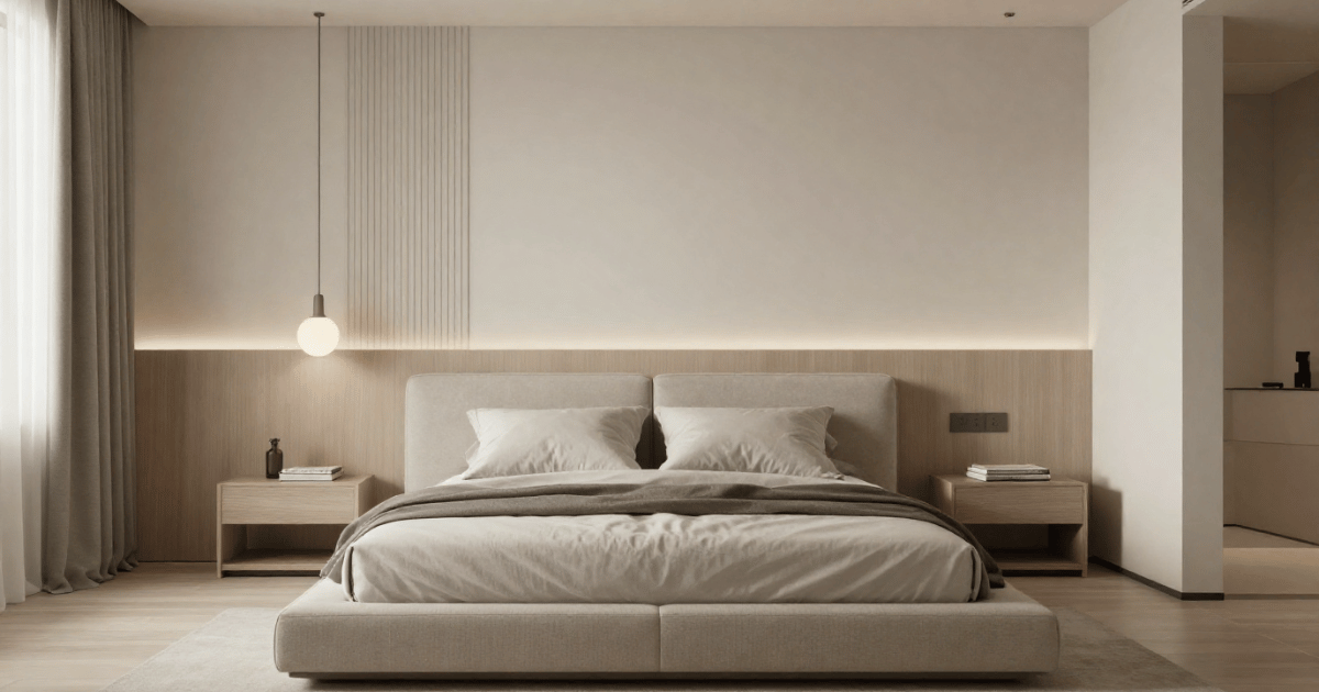 Modern minimalist bedroom decor with platform bed pendant lights and clean white walls