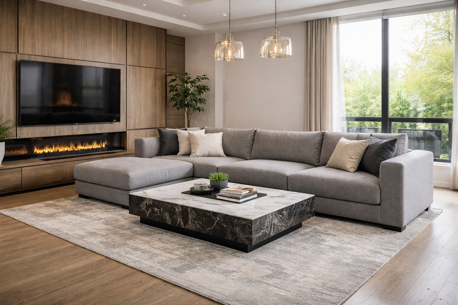 Modern L-shaped sectional sofa in neutral gray fabric for living room