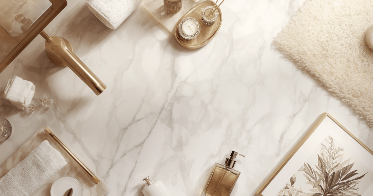 Flat-lay of all 8 luxury glam bathroom decor products including gold mirror, marble tray, plush rug, and crystal dispenser