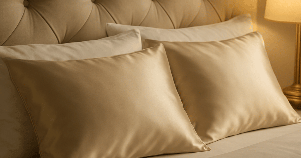 Champagne satin pillowcase set on plush hotel-style pillows against a cream velvet tufted headboard with soft warm bedside lamp light