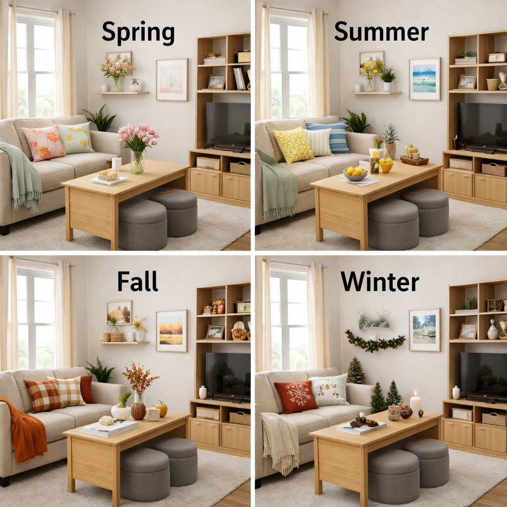 Living room seasonal decor ideas showing simple updates for each season