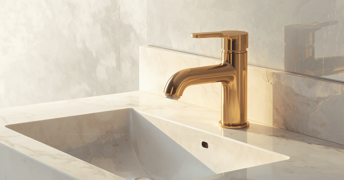 Gold brushed brass bathroom faucet installed on a white marble sink, glinting under warm bathroom lighting