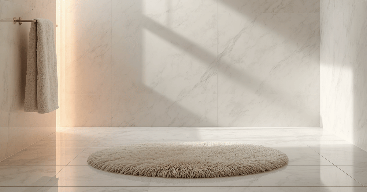 Thick ivory plush bath rug on a clean white bathroom floor next to a gold towel ring, soft and inviting