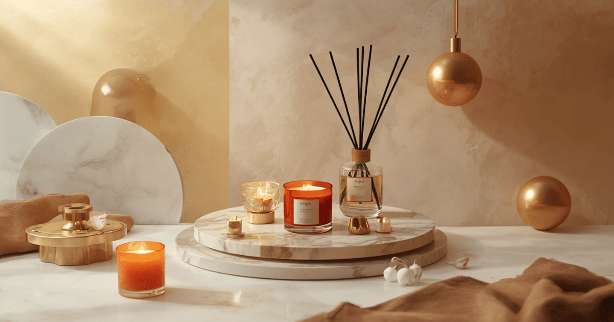 Luxury scented candle and reed diffuser on a marble bath tray in a glam bathroom, warm candlelight glow