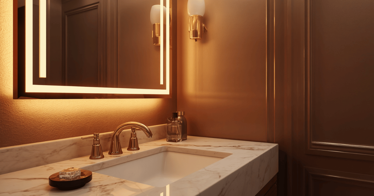 Luxury glam bathroom vanity setup with Hollywood LED mirror glowing, gold accents, and marble countertop styling
