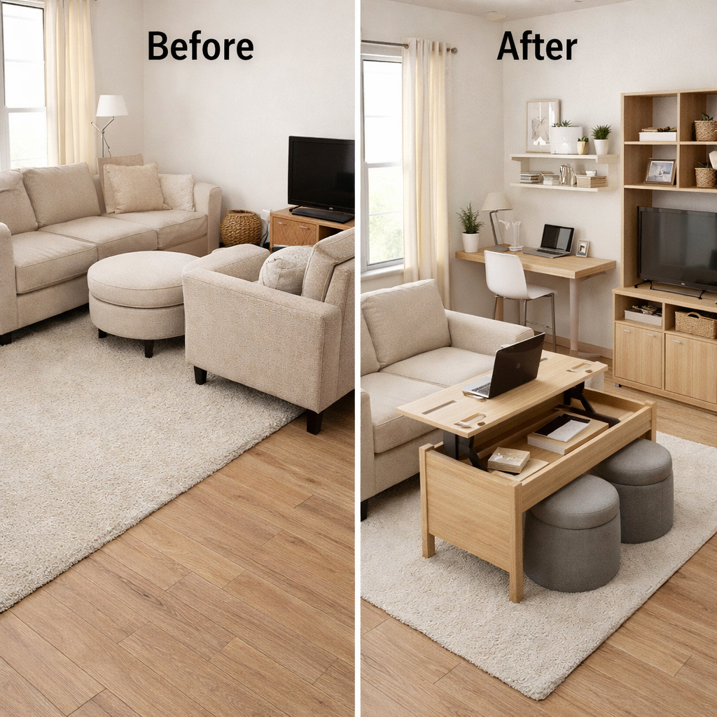 Small living room makeover showing space-saving furniture and smart layout
