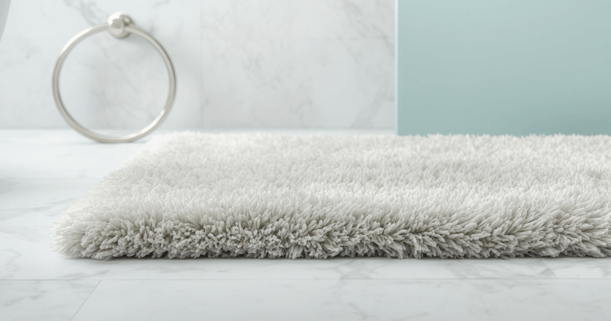 Thick ivory plush bath rug on white bathroom tiles next to gold accessories and a marble tray