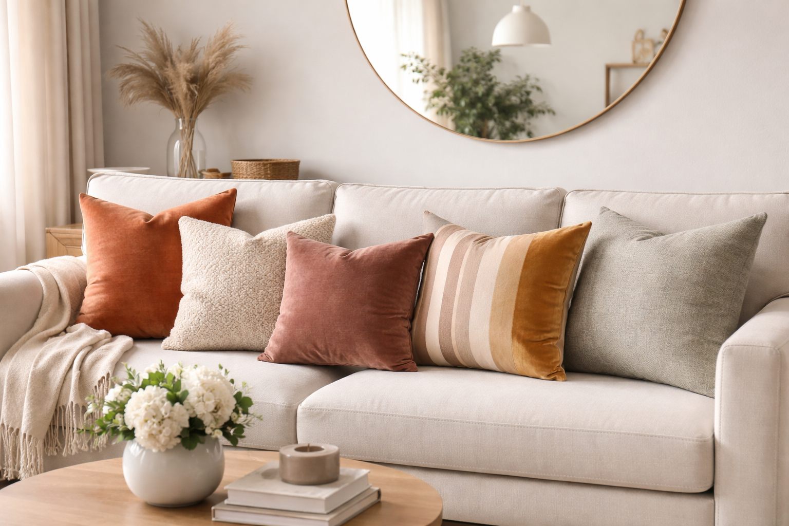 Velvet and linen throw pillow set in coordinated colors on modern sofa