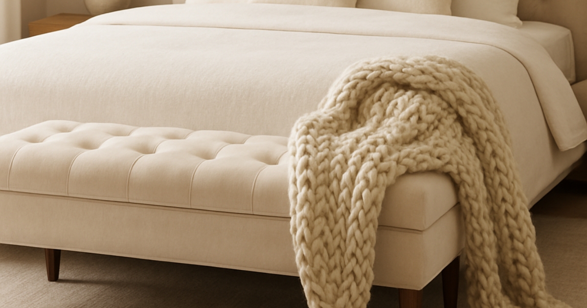 Cream velvet upholstered bedroom bench placed at the foot of a tufted luxury bed with a chunky knit throw draped over one end