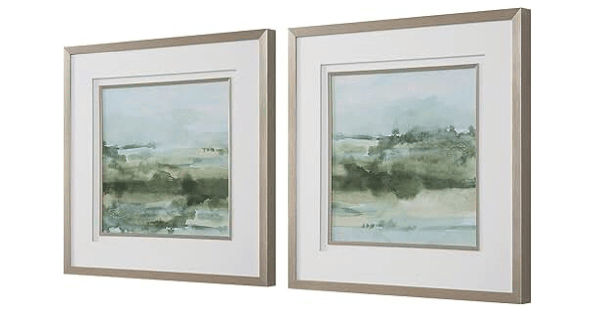 Uttermost Abelard abstract canvas art hung above styled bed as bedroom wall statement piece