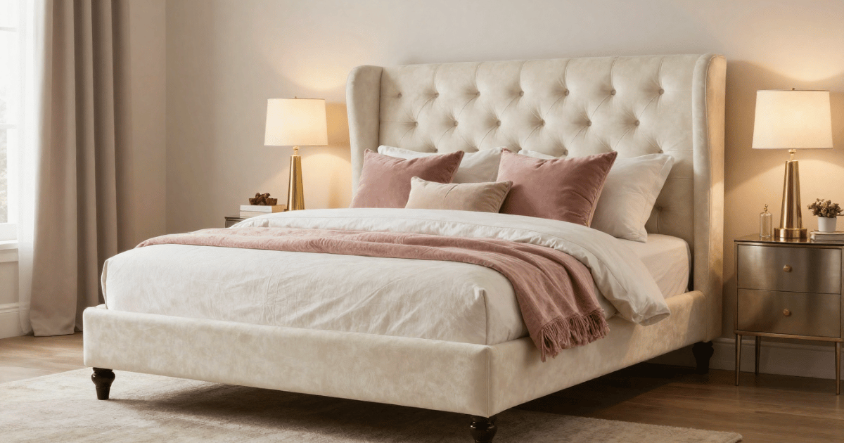 Cream velvet deep button-tufted wingback bed frame styled with ivory linen bedding dusty rose velvet pillows and warm brass lighting in a glam bedroom